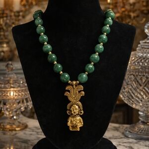 Vintage 1970s MMA Jade Bead Necklace Gold-Plated Amulet Pendant Museum of Modern
